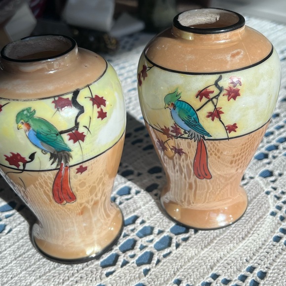 Pair: Pre WWII Handpainted Japan Parrot Lusterware 5.5" vases - Picture 3 of 11